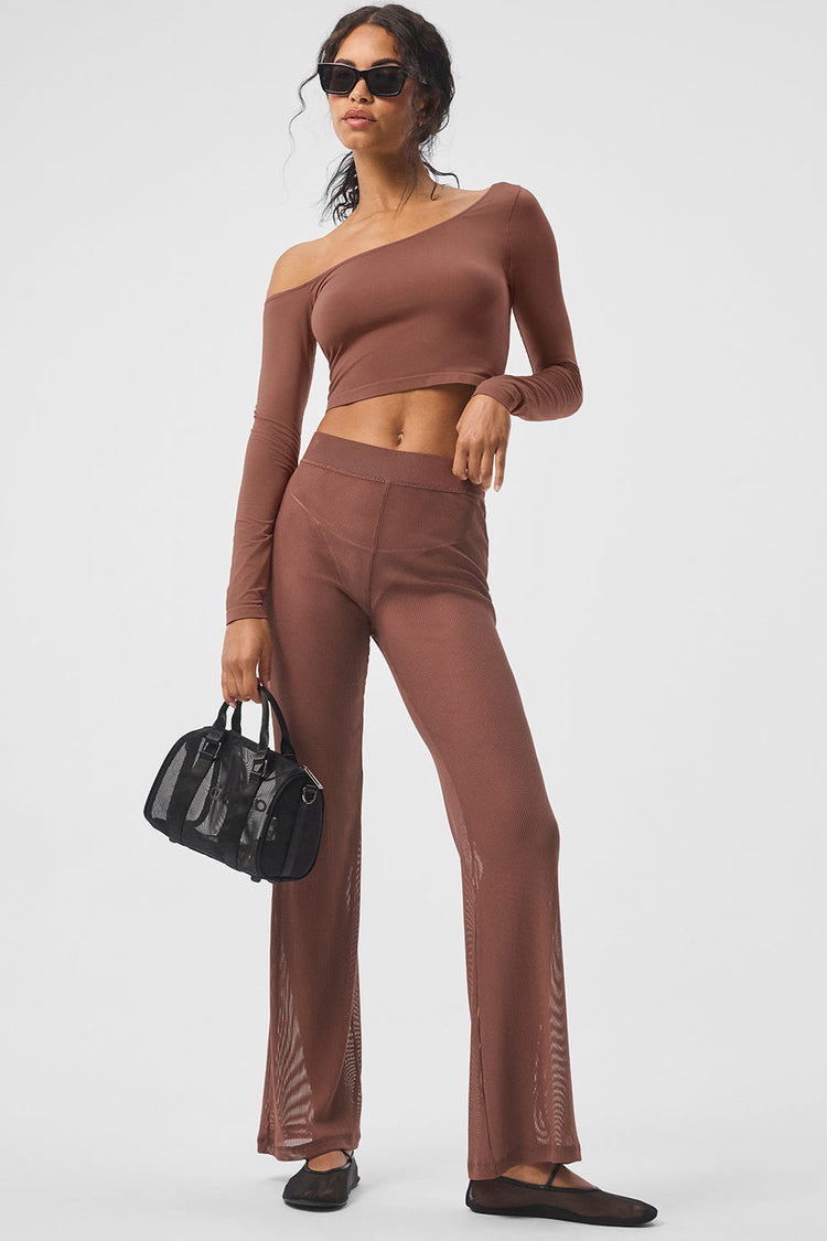 Pantalón acampanado de malla a rayas Tropical Nights - Castaño